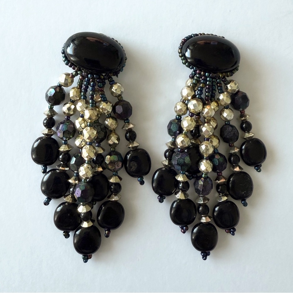 Vintage Black, Iridescent & Silver Beaded Cabochon Statement Clip-On Earrings